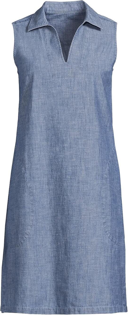 Lands' End Womens Cotton Poplin Sleeveless Split Neck Dress - M